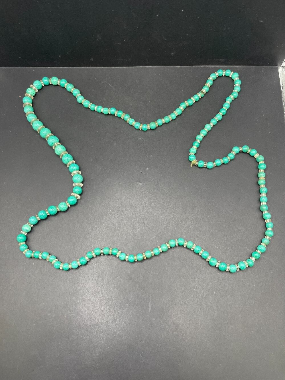 Vintage Round Green Jade And Clear Spacer Beaded Long Statement Necklace
